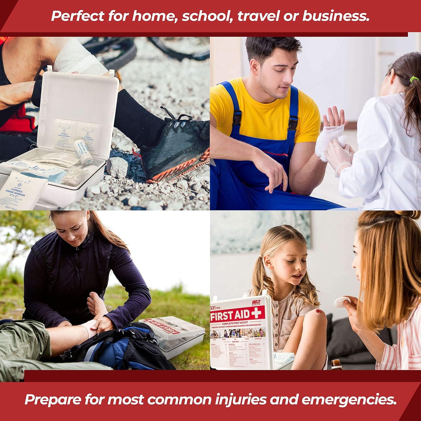 M2 BASICS Premium 321 Piece First Aid Kit - First Aid Kit for Home, Car, Business, Office, School, Travel, Camping, Outdoors - Emergency Medical Supplies, Durable Portable Hard Case