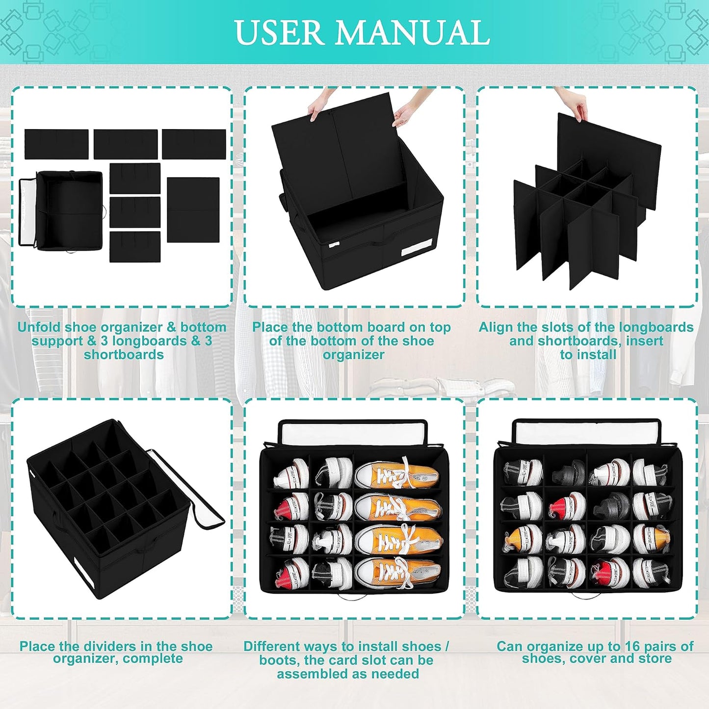 Luvhomee Shoe Storage Organizer, Fits 16 Pairs, Large Shoe Organizer Box for Closet, Clear Foldable Shoes Containers w/Bottom Support, Space Saving Shoe Cubby Storage Boxes w/Reinforced Handles, Black