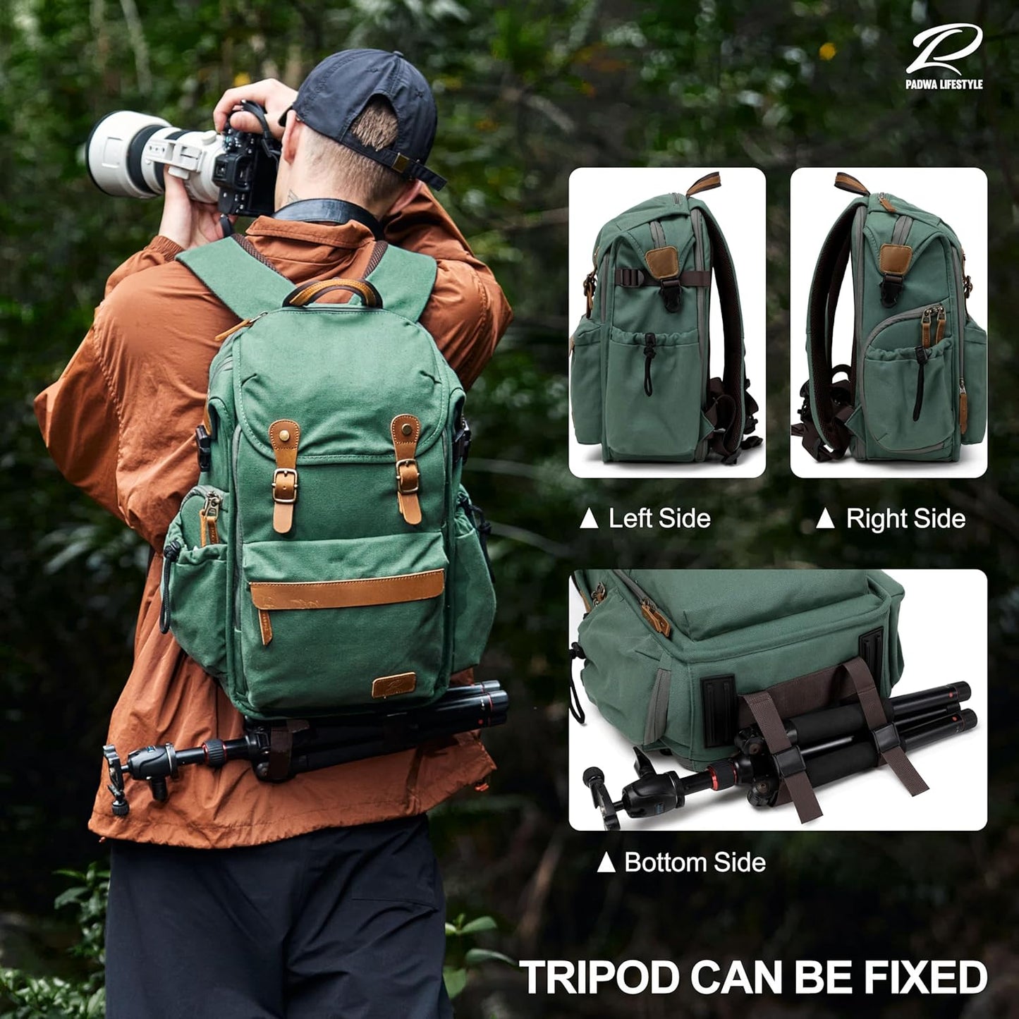 Padwa Lifestyle Green Camera Backpack - Professional DSLR & UAV Camera Bag,Anti Theft Canvas Camera Backpacks with Rain Cover,Large Capacity Photography Travel Camera Bag with Multi Compartments