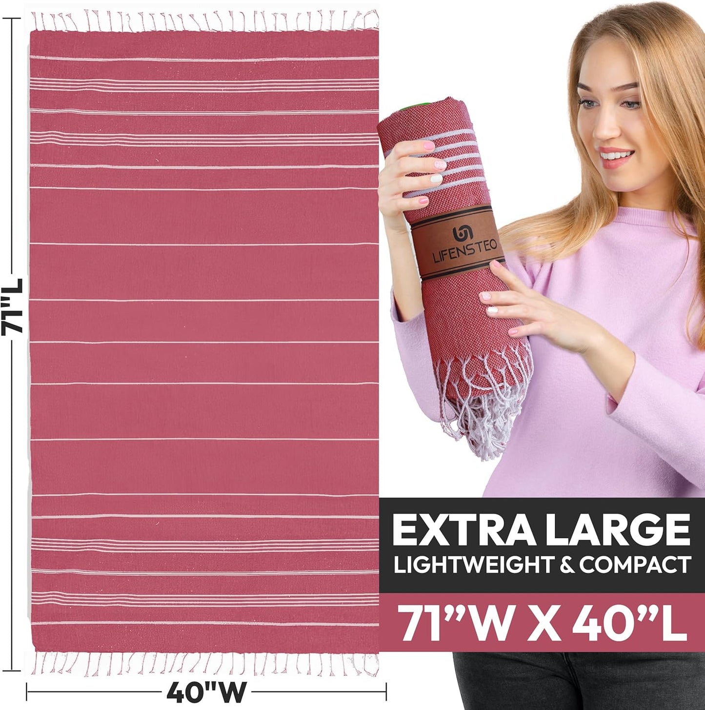 Oversized Sand Resistant Prewashed Turkish Cotton Quick Drying, Compact, Lightweight Beach, Bath, Pool, Gym, Yoga Towel - 40x71 inch