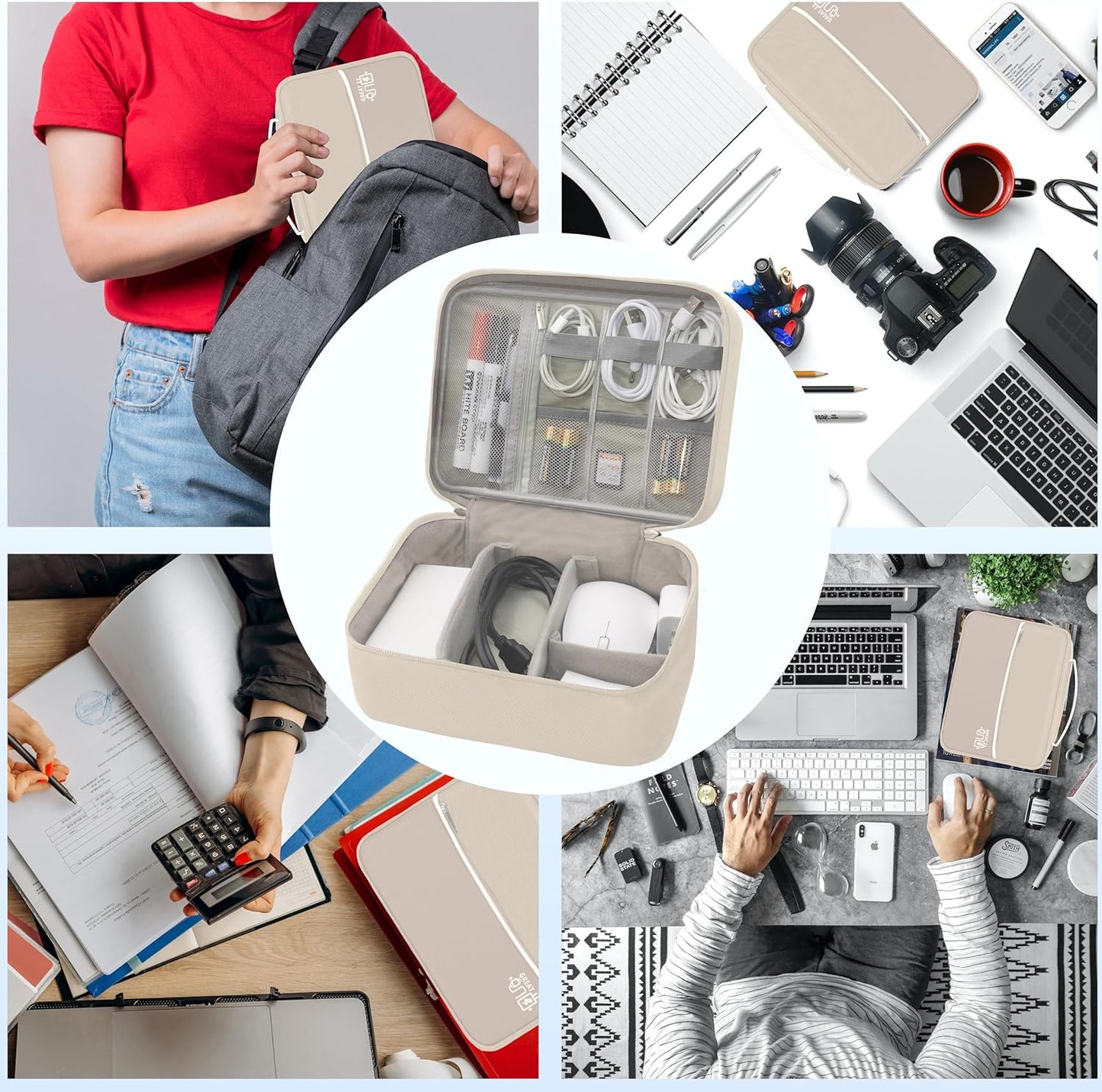 Electronics Organizer,Travel Cord Organizer Pouch, Portable Cable Organizer Bags, Waterproof Electronic Accessories Storage Case for Cables, Cords, Charger, Phone (Double Layer-Beige)