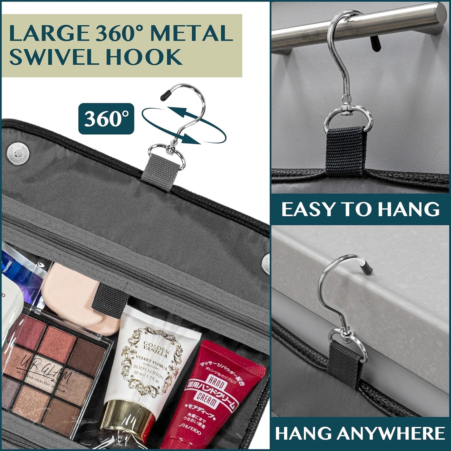 PAVILIA Hanging Toiletry Bag Women Men, Foldable Cosmetic Organizer Travel Bag, Water Resistant Makeup Bag Toiletries, Large Travel Essentials Kit (Black)