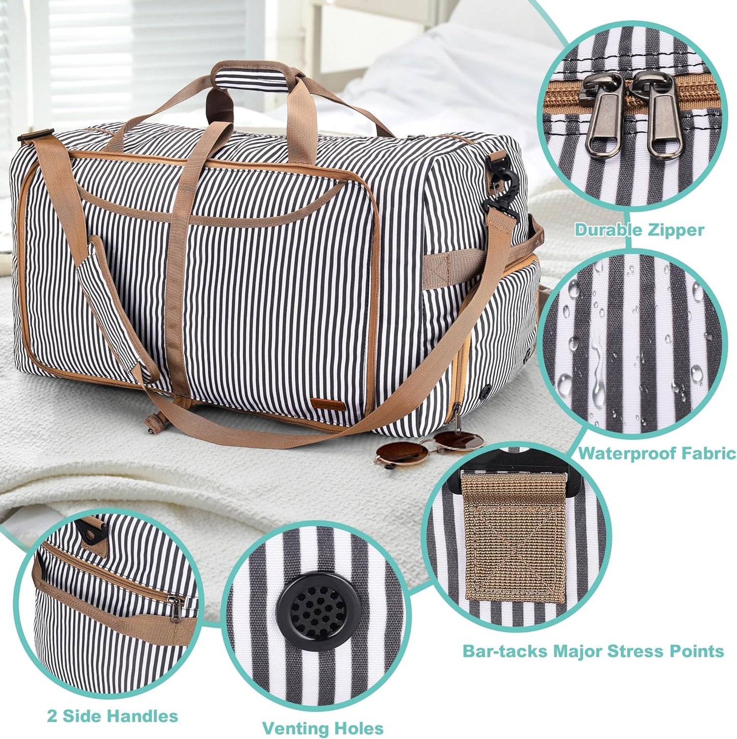120L Duffle Bag for Travel, Large Foldable Waterproof Travel Duffel Bags Weekender Overnight Bag for Men and Women with Shoe Compartment (Stripe)