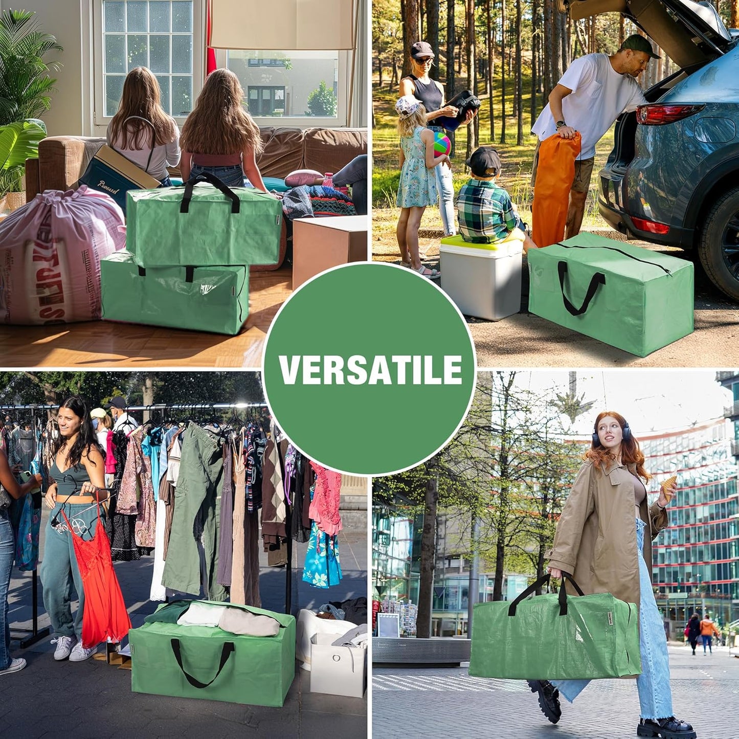 WORKPRO 6 Pack Extra Large Moving Bags with Zippers & Carrying Handles Backpack Straps, Heavy-Duty Storage Tote for Space Saving & Storage, Alternative to Moving Box (Green)