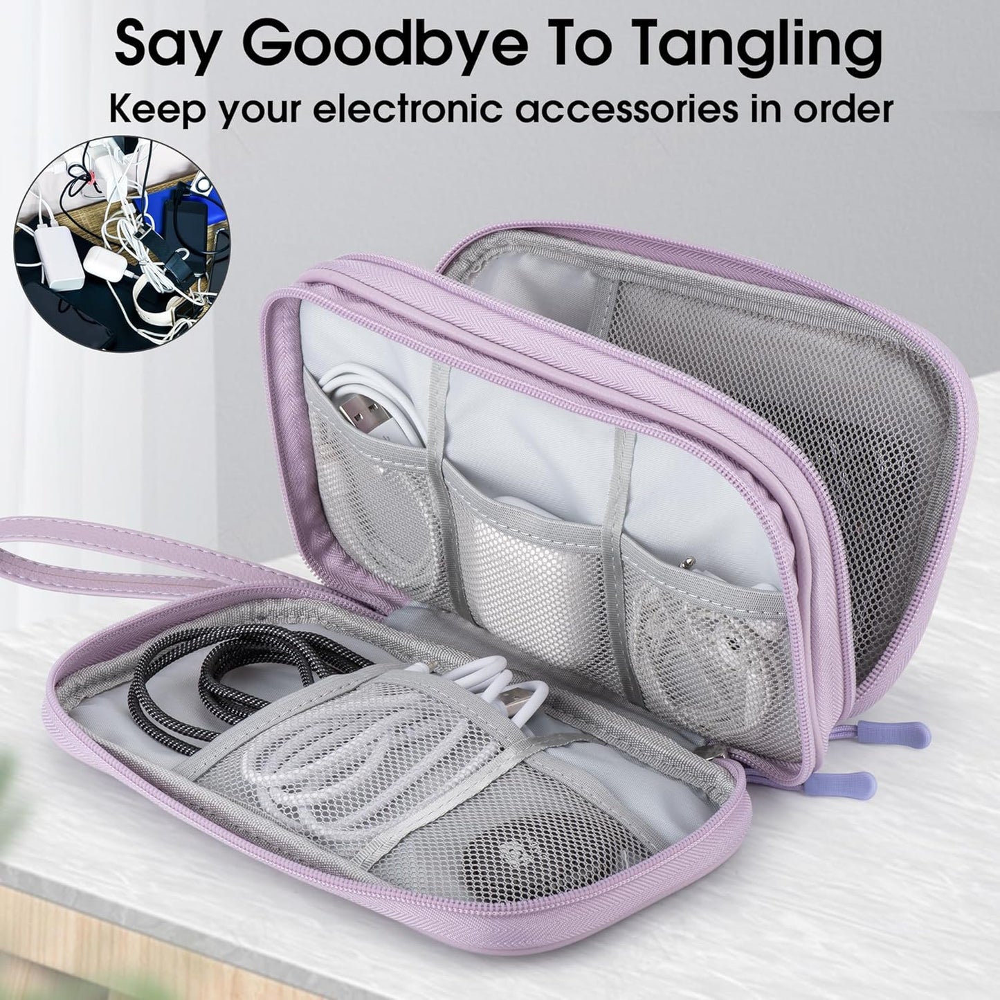 Leather Travel Electronic Organizer - Double Layer, Waterproof Case for Cables, Chargers, Phones & More - Portable, Shockproof Pouch for All Your Electronics Accessories (Light Purple, M)