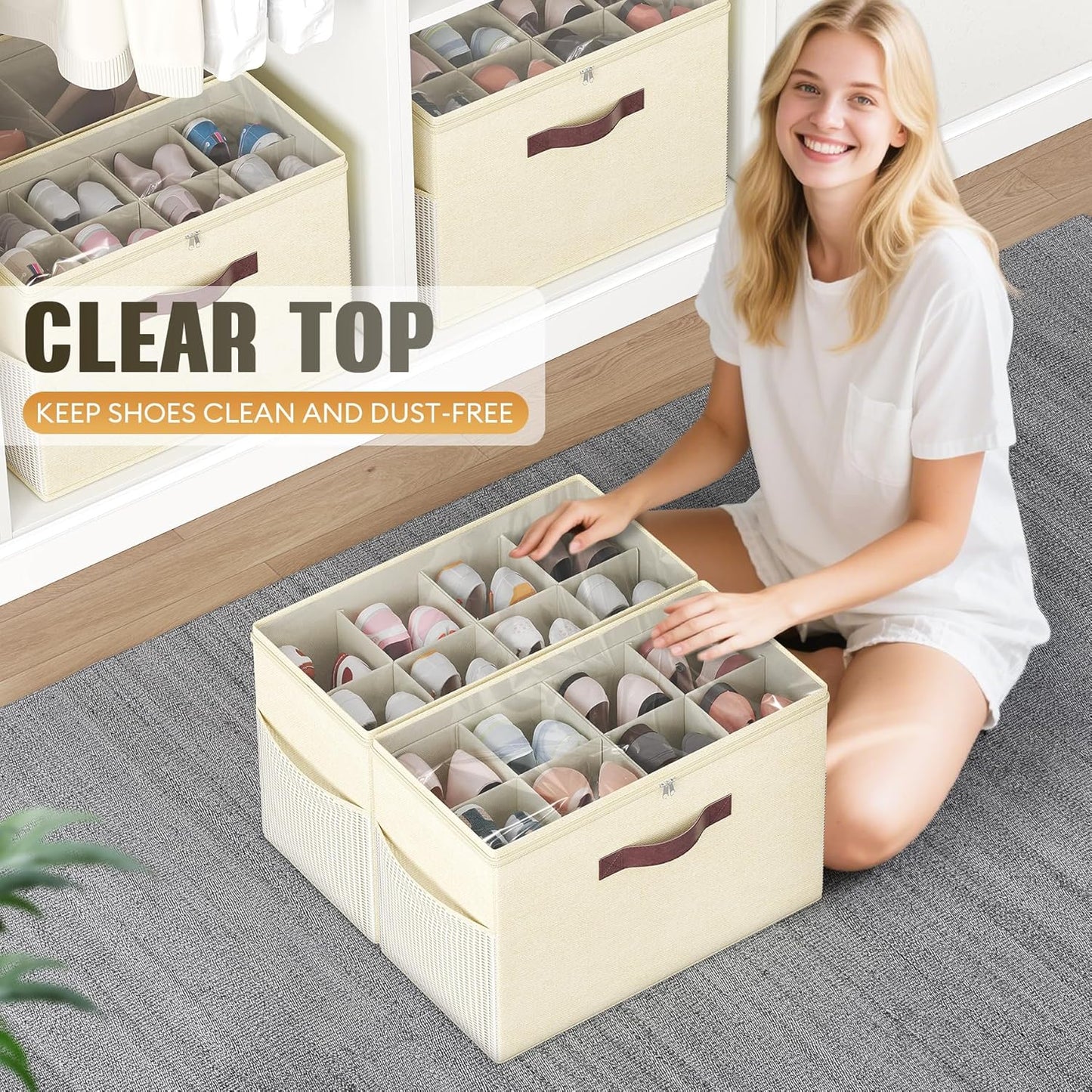 Budding Joy 2 Pack Shoe Organizer for Closet, Clear Foldable Shoe Storage Containers Adjustable Dividers Fits 16 Pairs,Shoe Storage Bins Baskets Boxes with Reinforced Handles Beige Yellow