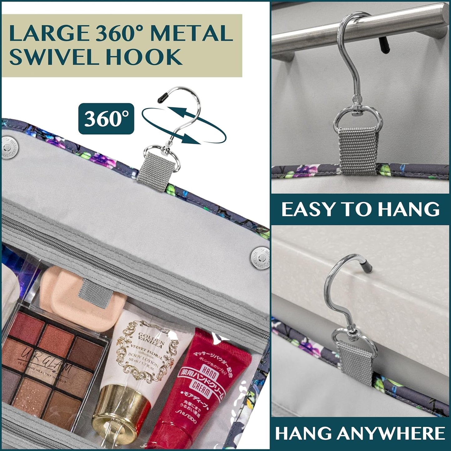 PAVILIA Hanging Toiletry Bag Women Men, Foldable Cosmetic Organizer Travel Bag, Water Resistant Makeup Bag Toiletries, Large Travel Essentials Kit (Grey Floral)