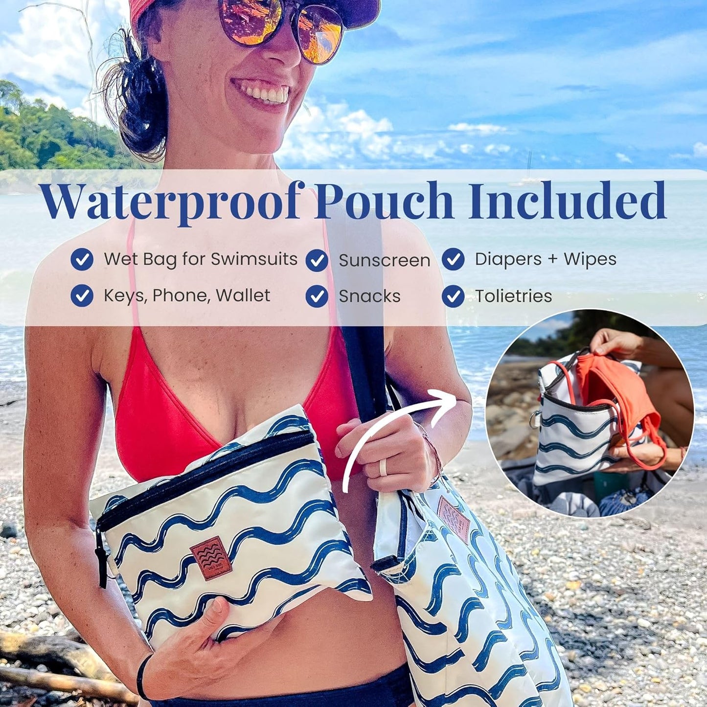 Large Beach Tote Bag for Women – Foldable & Packable Travel Bag with Zipper & Waterproof Pouch, Lightweight & Sandproof