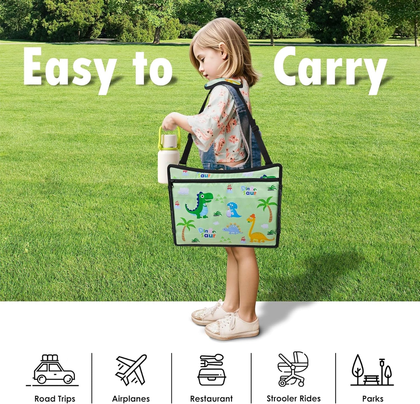 Kids Travel Tray, Kids Travel Trays for Car Seat, Road Trip Essentials for Toddler, Carseat Lap Tray with Dry Erase Board & Storage Organizer for Road Trip Activities for Kid, Green