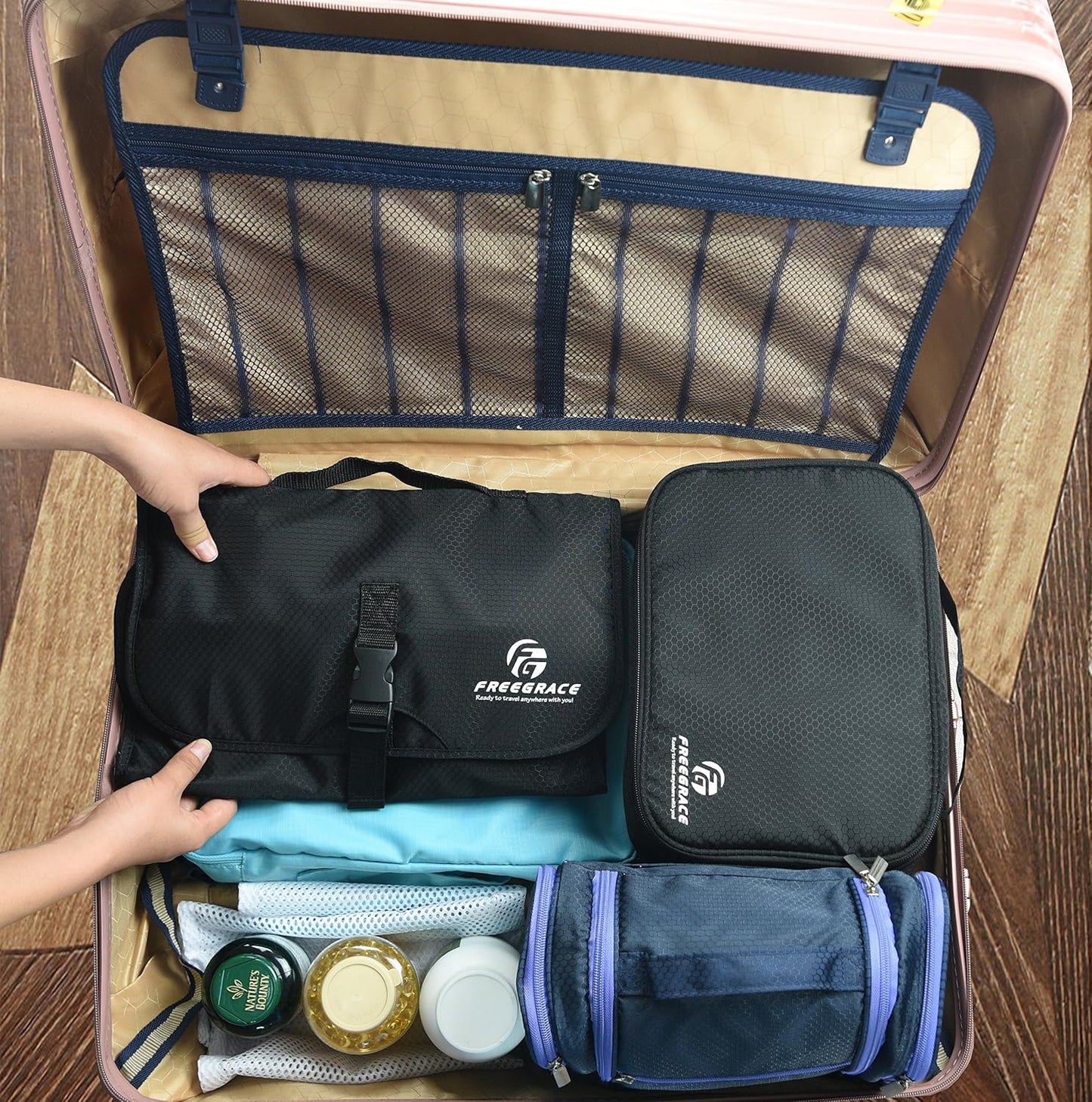 Freegrace Premium Hanging Toiletry Travel Bag - Cosmetic, Jewelry, Toiletry & Accessory Storage Organizer Bag, Large Size, Various Compartments