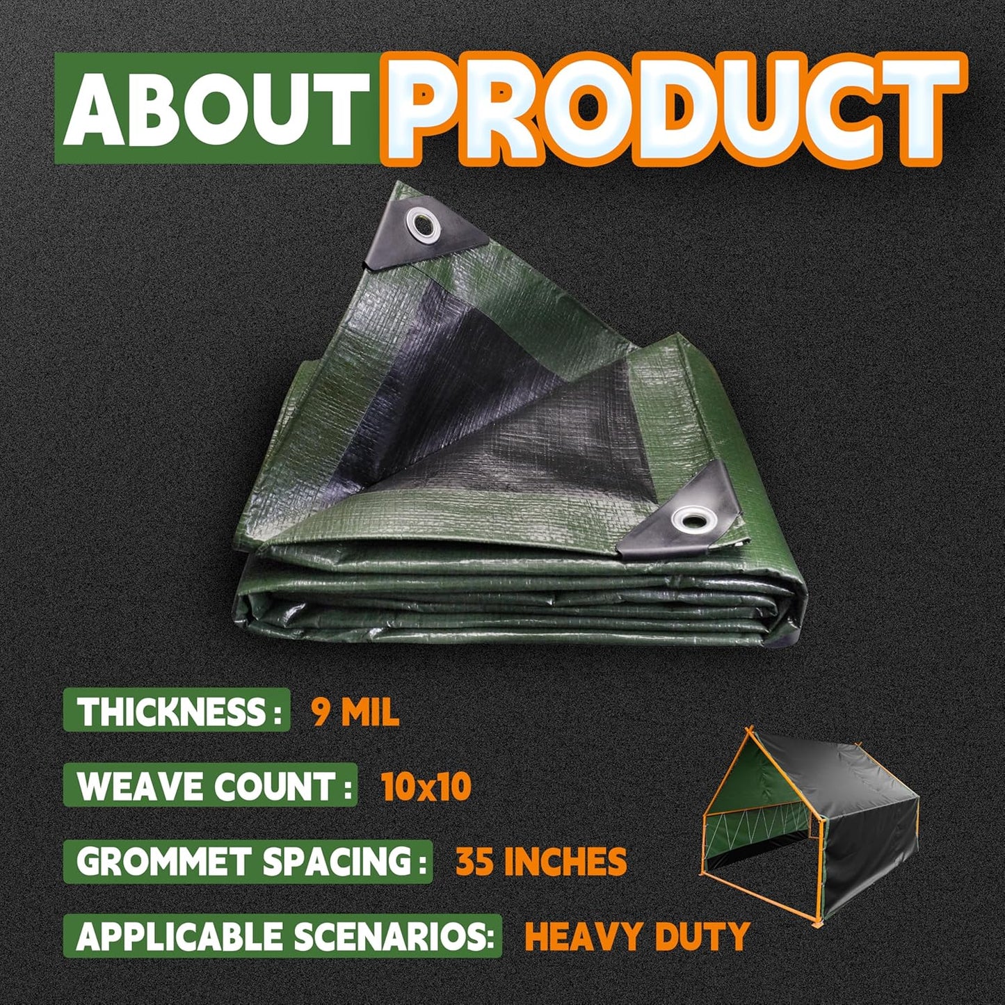 10x12 Feet Tarp Waterproof,9Mil Thick,Finished Size Tarps,UV Resistant,Durable,Multipurpose Poly Tarp Cover with Metal Grommets and Reinforced Edges,Green/Black by RAINDEWAY