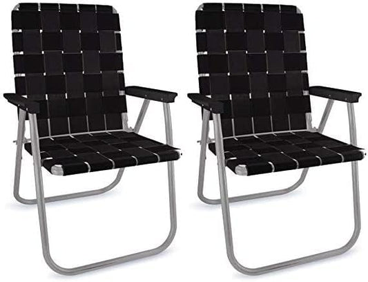 Lawn Chair USA - Outdoor Chairs for Camping. Made with Lightweight Aluminum Frames and UV-Resistant Webbing. Folds for Easy Storage 2- Pack (Black with Black Arms, Classic)
