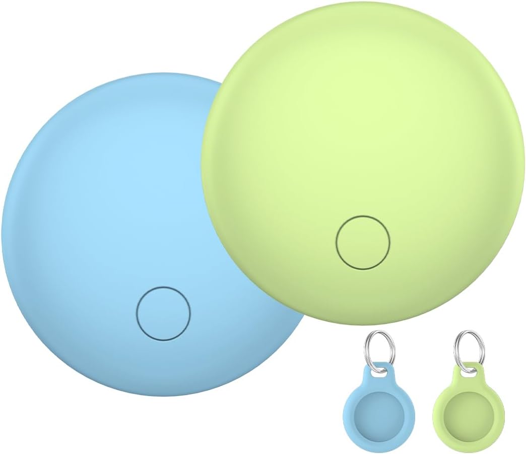 Air Tags Tracker 2-Pack, Item Finders Work for Apple Find My APP(iOS Only) Tracker Tags for Keys, Luggage, Backpack etc,Replaceable Battery, IP67 Waterproof with Holder Keychain,Sky Blue and Green