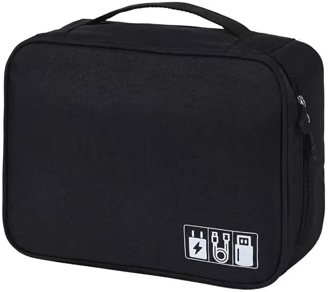 Cable Organizer bag for women or men,Electronic Accessories Carry Case Portable Waterproof Double Layers All-in-One Storage Bag for Cord, Charger, Phone, Earphone (Black)