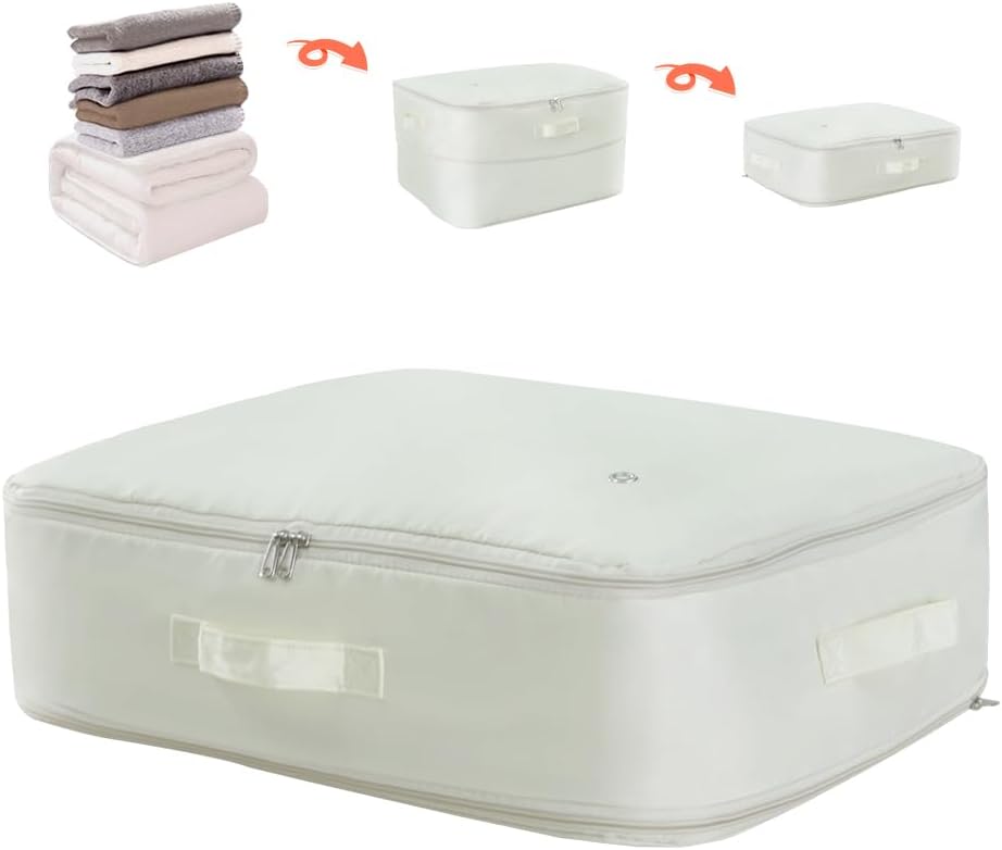 Ultra Space Saving Self Compression Storage Bags with Zipper, (Beige) -Compression Organize for Bedding, Comforter Storage Bag for Blankets Duvet Quilts Pillows