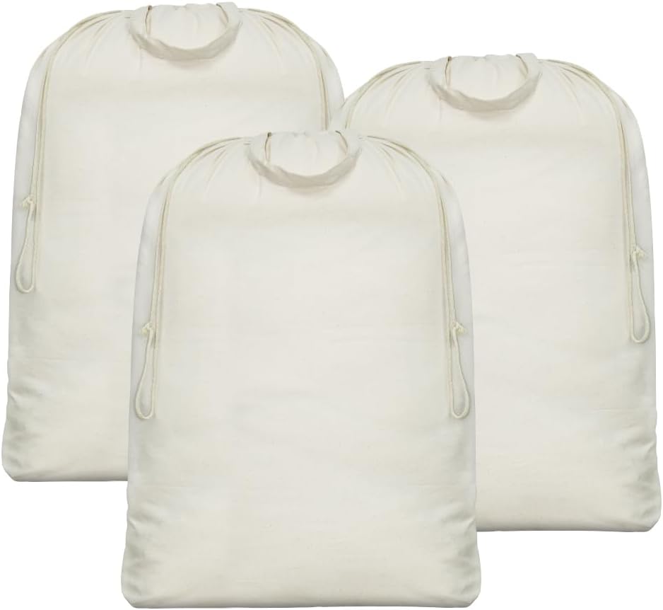 3pcs Breathable Cotton Canvas Laundry Drawstring Bags with Carrying Handles & Shoulder Strap, Cotton Laundry Hamper Basket Replacement Liner Bags
