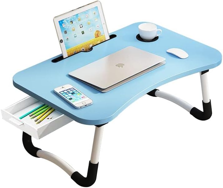 Lap Desk with Storage Drawer, Cup and Tablet Holder, Bed Tray Table, Foldable Laptop Desk, Laptop Stand for Working, Writing, Gaming and Drawing (23.6", Blue)