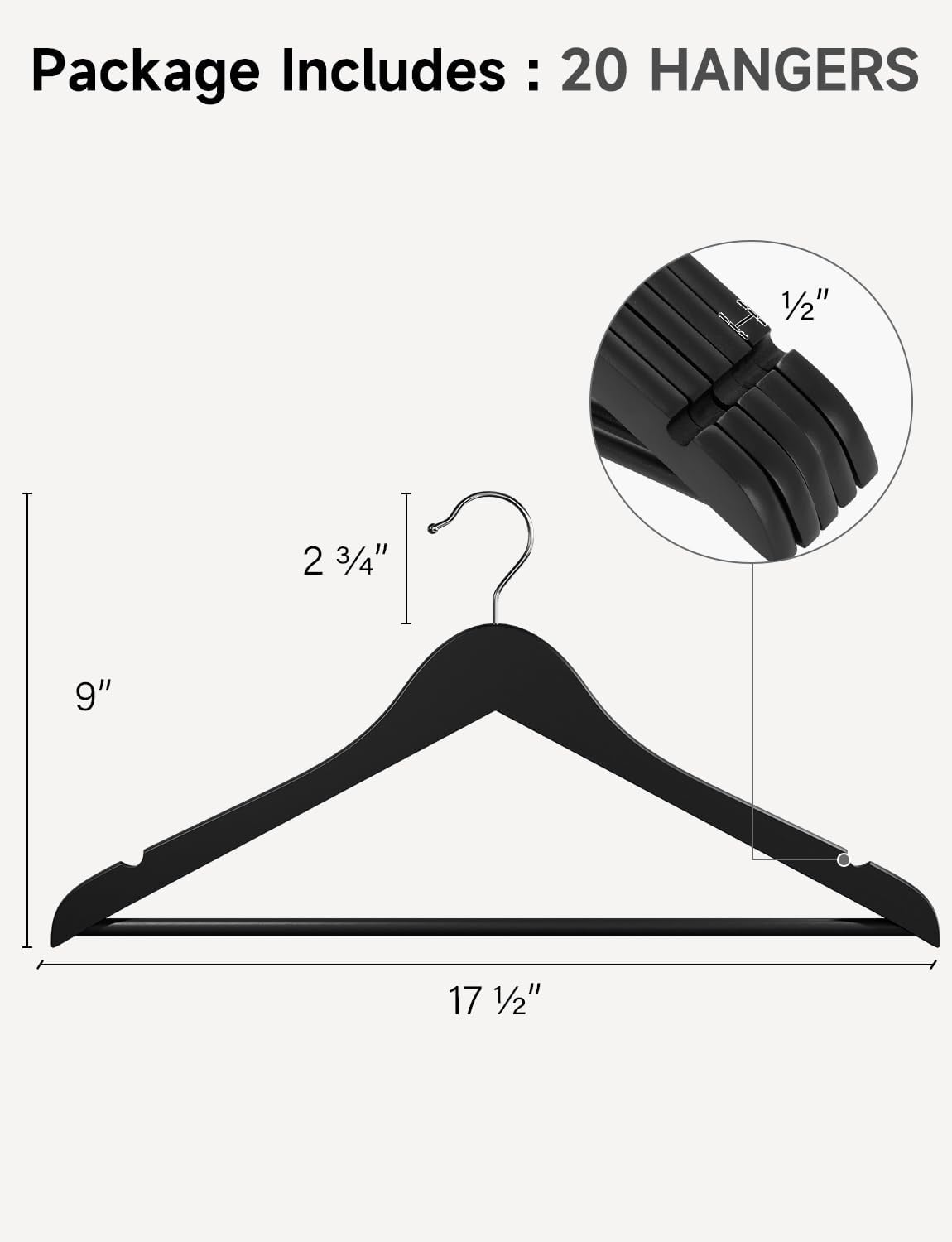 StorageWorks Black Wooden Hangers, 20 Pack Wood Hanger for Closet, Coat Hangers for Coats, Shirts, Pants, Suits
