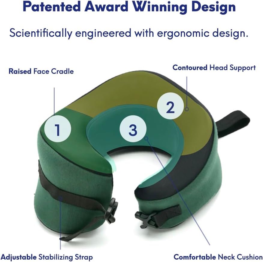 C CUSHION LAB Travel Pillow, Award-Winning Patented Ergonomic Design for Chin & Neck Support Memory Foam Neck Pillow, Compact Airplane Pillow for Traveling, Flight, Car (Hunter Green, Large)