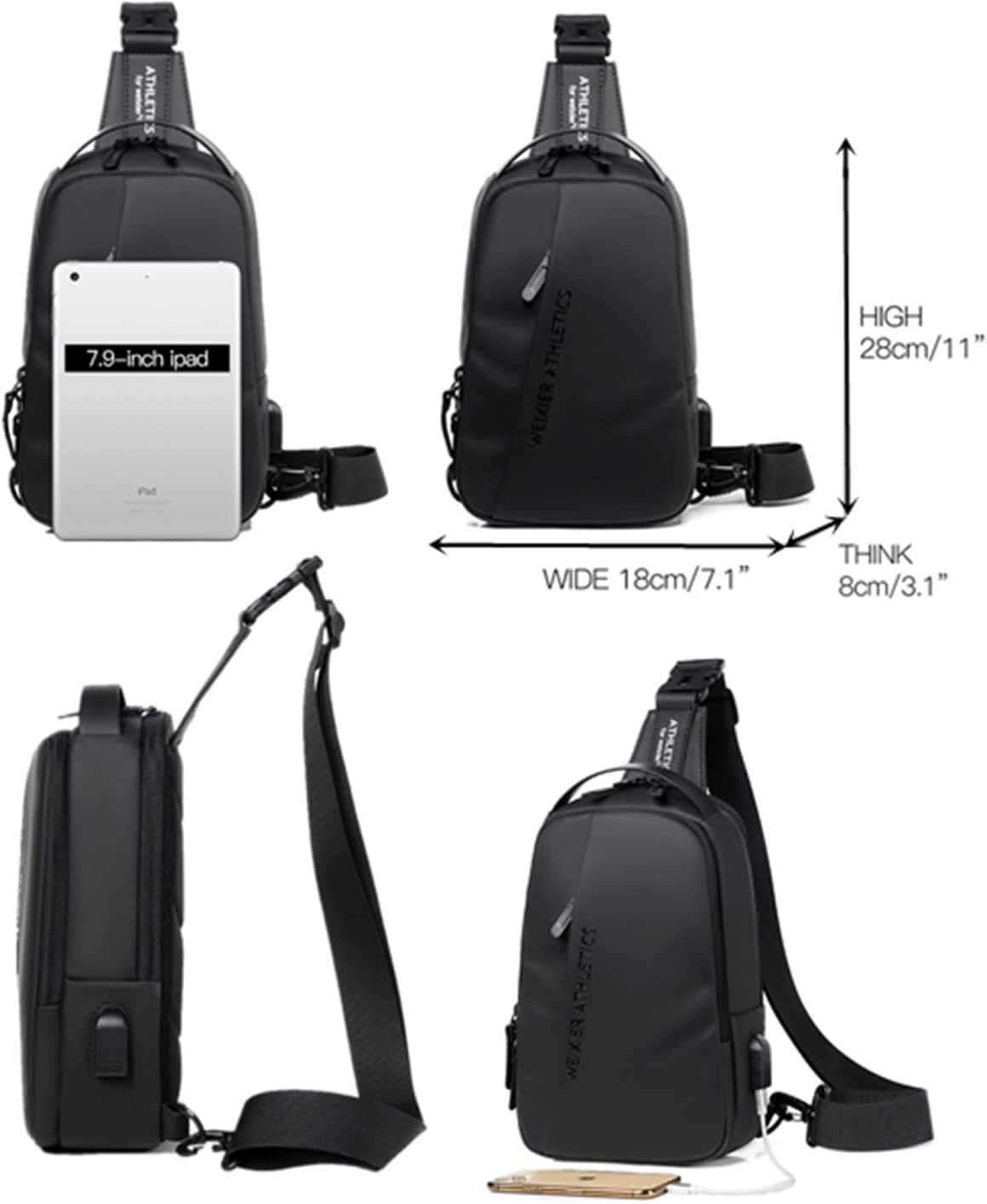 Waterproof Sling Bags Mens Shoulder Crossbody Backpack with USB Charging Port& Headphone,Outdoor Lightweight Bag