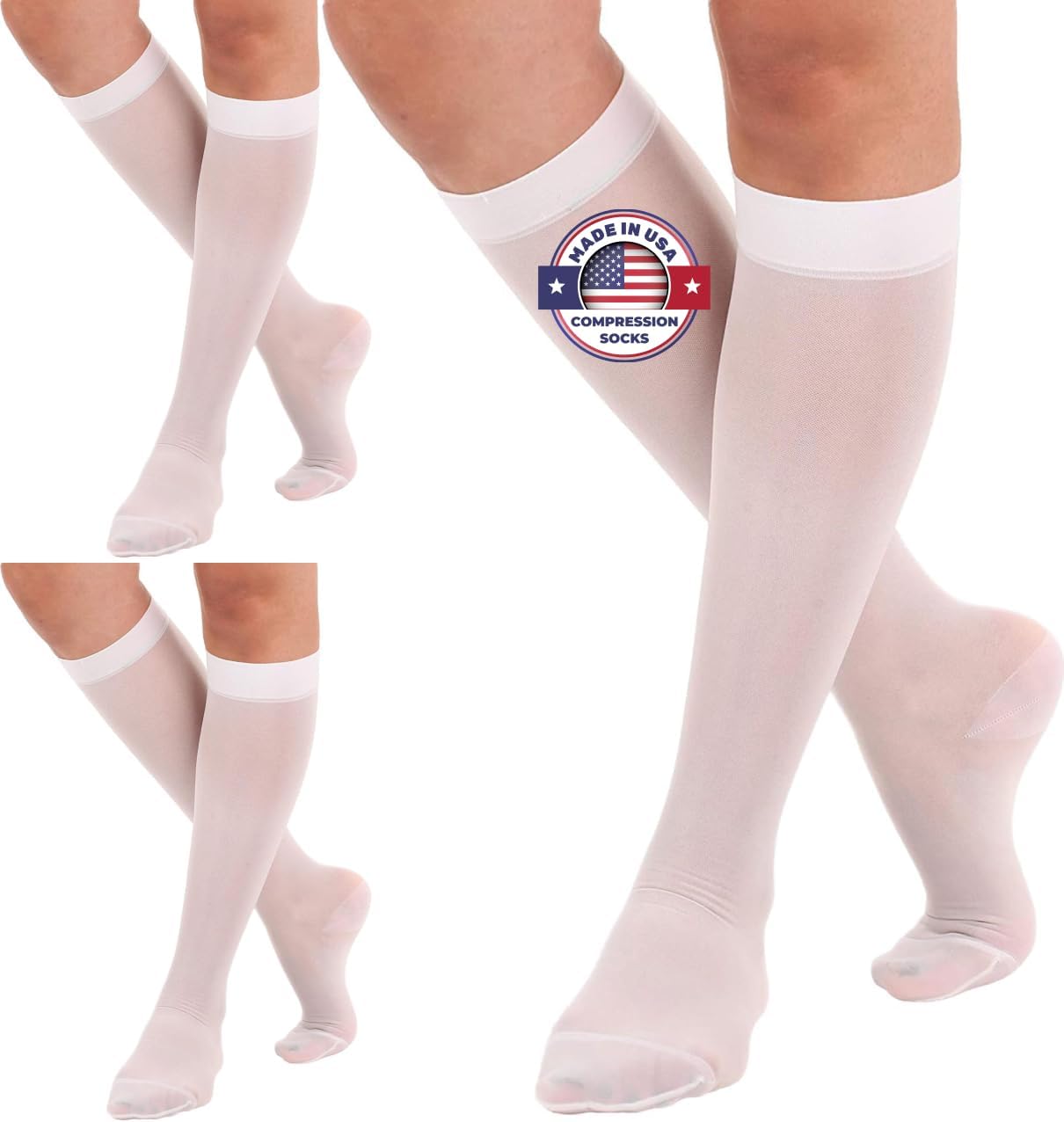 (3 Pairs - Closed Toe) Made in USA - Sheer Compression Stockings for Women 15-20mmHg - Womens Compression Socks for Circulation during Travel, Airplane, Sport, Athletic - White, X-Large - A101WH4-3