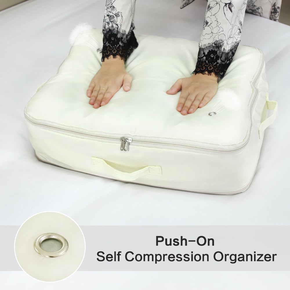 Ultra Space Saving Self Compression Storage Bags with Zipper, (Beige) -Compression Organize for Bedding, Comforter Storage Bag for Blankets Duvet Quilts Pillows