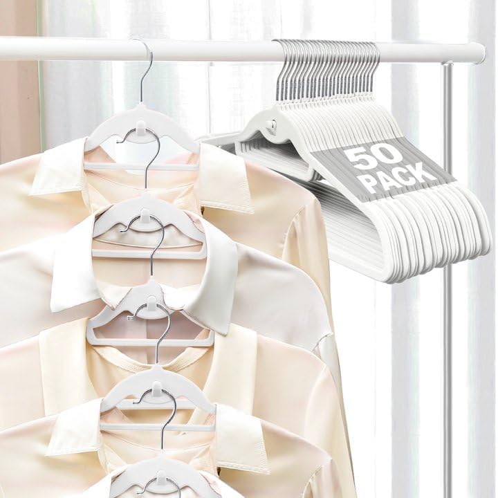 Velvet Felt Stackable Hangers 50 Pack, Non Slip, with 360°Swivel Hook, Ultra Thin and Space Saving for Suits, Shirts, Coats, 15Lbs Capacity Heavy Duty, White