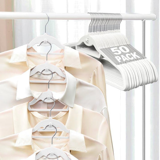Velvet Felt Stackable Hangers 50 Pack, Non Slip, with 360°Swivel Hook, Ultra Thin and Space Saving for Suits, Shirts, Coats, 15Lbs Capacity Heavy Duty, White