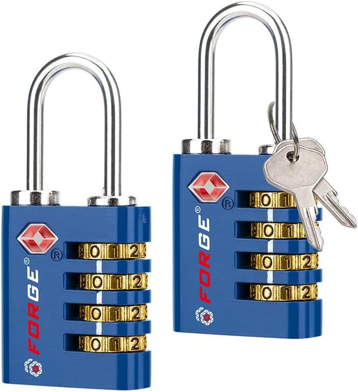 Forge Dual-Opening: Key or Combination Access Lock, TSA Approved Locks for Luggage, Pelican case, Travel, Gym, School, Stainless Steel Shackle. (Blue 2 Pk)