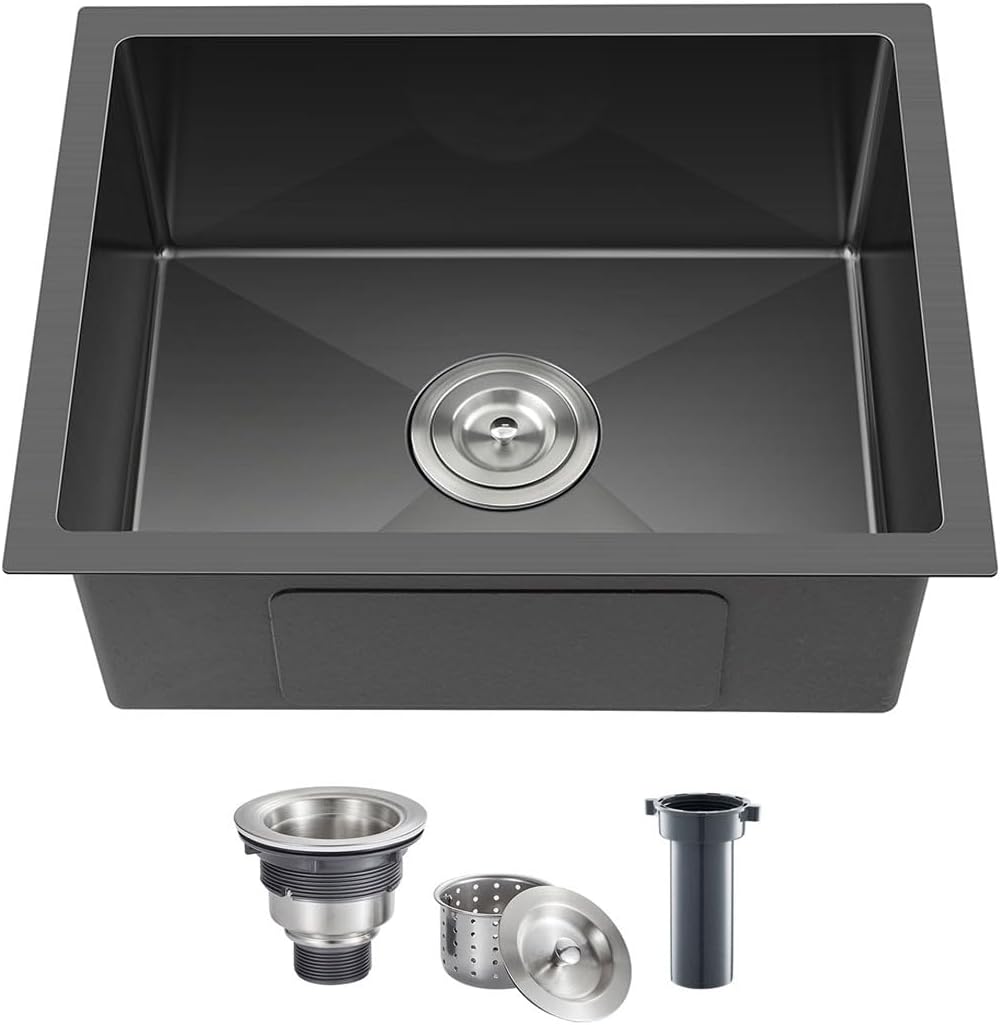 20-inch Undermount Kitchen Sink Black, T304 Stainless Steel Single Bowl Kitchen Sink Undermount, 9-inch Deep Sink Bowl Small Bar Sink, D20"xW16"xH9"