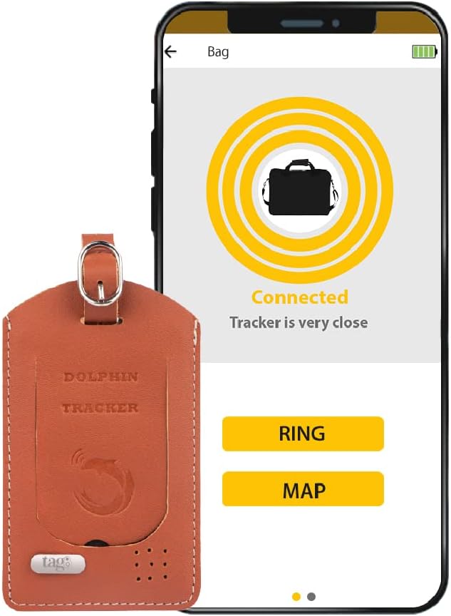 tag8 - Dolphin Smart Luggage Tracker for Suitcase, Backpack and More, Android and iOS Compatible, Genuine Leather BLE-Enabled Tracker Tag, Alternative to GPS Tracker, 2 Pieces, Tan