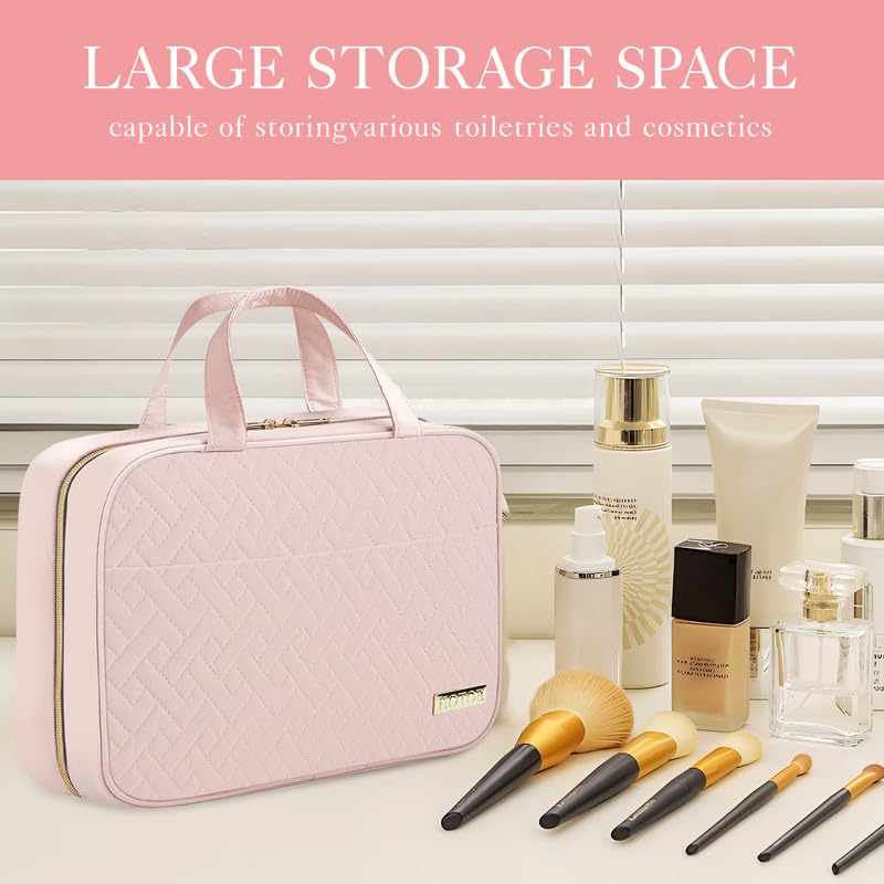 HOTOR Travel Toiletry Bag w/Hanging Hook - Spacious Toiletry Bag Essentials for Women & Men, Makeup Bag/Big Comparment, Waterproof for Travel Accessories, Medium, Pink