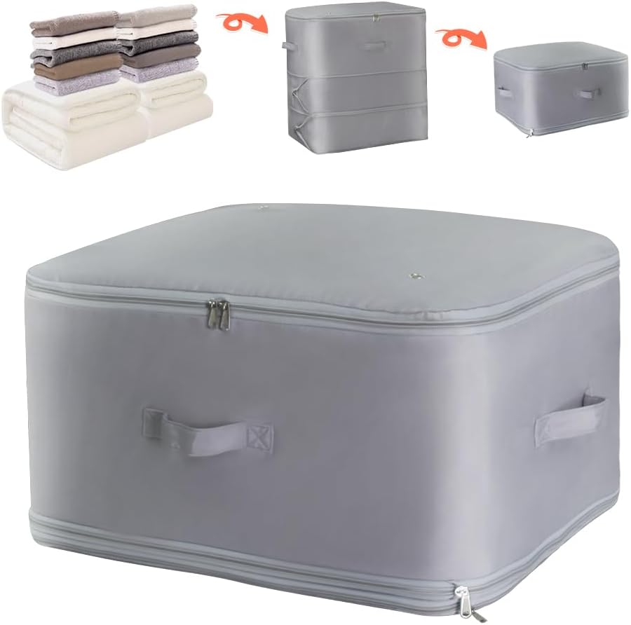 Ultra Space Saving Self Compression Storage Bags with Zipper, （Grey) -Compression Organize for Bedding, Comforter Storage Bag for Blankets Duvet Quilts Pillows
