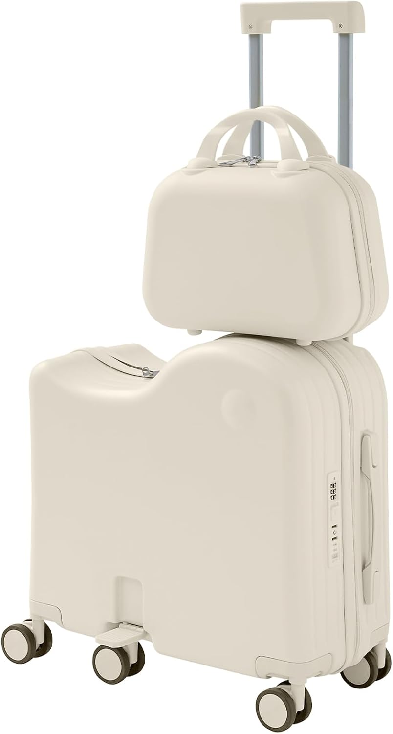 TABU Ride-on Luggage with Handbag for Kids，Hardshell Carry On Suitcase with Hidden Cup Holder, Foldable Pedal,Type-C & USB Interface, TSA Lock, 6-Spinner Wheels, White