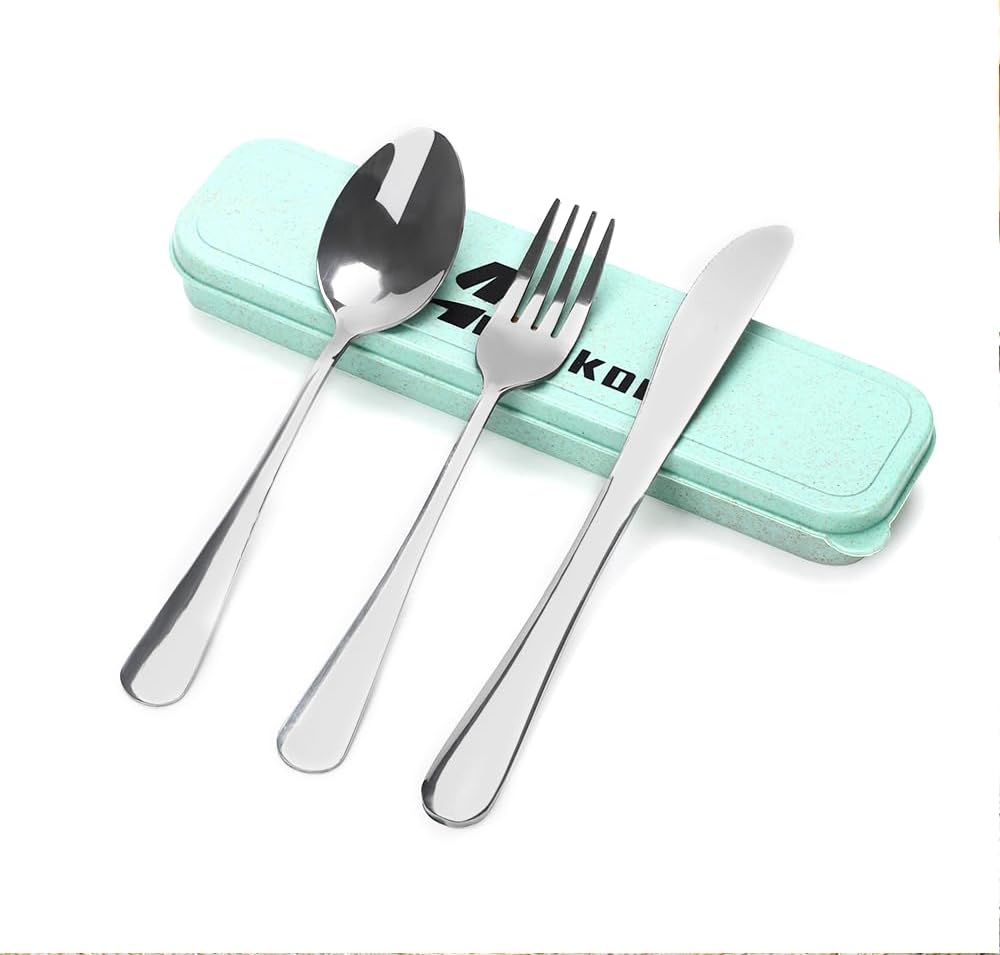 4 Piece Travel Utensils Camping utensils Travel Silverware Set with Case Fork and Spoon Set Office Stainless Steel Reusable Trip Cutlery Set Easy to journey Lightweight Lunch Box for Men