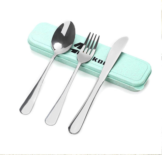 4 Piece Travel Utensils Camping utensils Travel Silverware Set with Case Fork and Spoon Set Office Stainless Steel Reusable Trip Cutlery Set Easy to journey Lightweight Lunch Box for Men