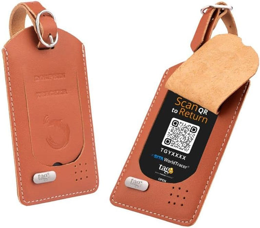 tag8 - Dolphin Smart Luggage Tracker for Suitcase, Backpack and More, Android and iOS Compatible, Genuine Leather BLE-Enabled Tracker Tag, Alternative to GPS Tracker, 2 Pieces, Tan