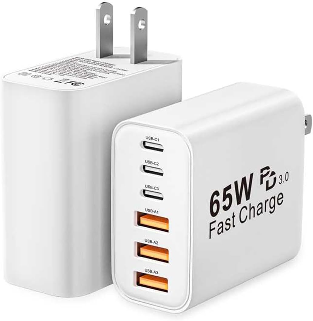 USB C Charger Block, 2-Pack 65W 6-Port USB C Wall Charger iPhone Charger Fast Charging PD Power Adapter+QC Wall Plug Multiport Type C Brick Chargers for iPhone 17 16 15 14 13 12 11 Pro Max XS,Samsung