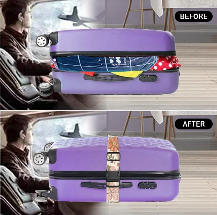 Luggage Straps for Suitcases Travel Belt Accessories, Cute Suitcase Strap, Adjustable Luggage Belt Strap, Heavy Duty with Quick-Release Buckle Luggage Strap Retro Boho Flowers