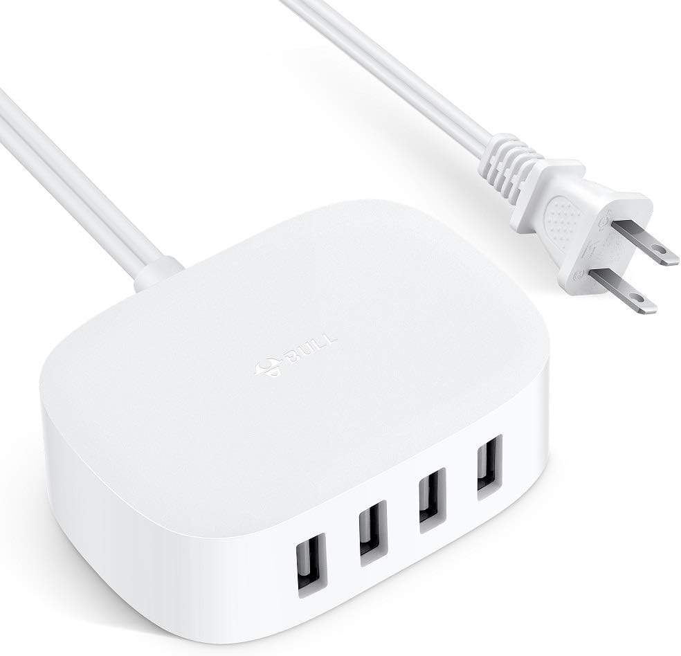 USB Charging Station 4 Port - BULL USB Charger Block Multiple, Wall Charger Cable White 6ft Charging Hub for Multiple Devices (ULlisted)