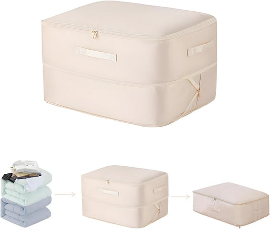 Ultra Space Saving Self Compression Organizer, 2025 New Large Capacity Storage Bag, Thick Satin Fabric Heavy Duty Bags for Comforters Blankets Bedding Duvet (Beige, Large, 21x17x12in)