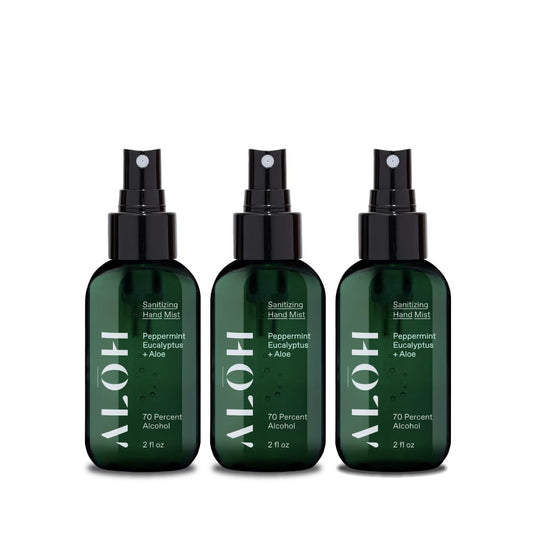ALŌH Sanitizing Hand Mist 3-pack | Peppermint Eucalyptus + Aloe | 70% Alcohol Hydrating Hand Sanitizer Spray with Essential Oil, for Kids & Adults | 2oz Travel Size Bottle (Set of 3)