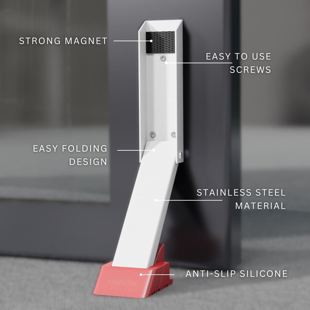 2 Pack Door Stop, No Drill Door Stoppers - Kickdown Doorstop for Home, Glass Doors, & Outdoors, Easy to Install Doors with Self Adhesive Door Stopper, No Screw Flip Down Portable Door Stopper - White