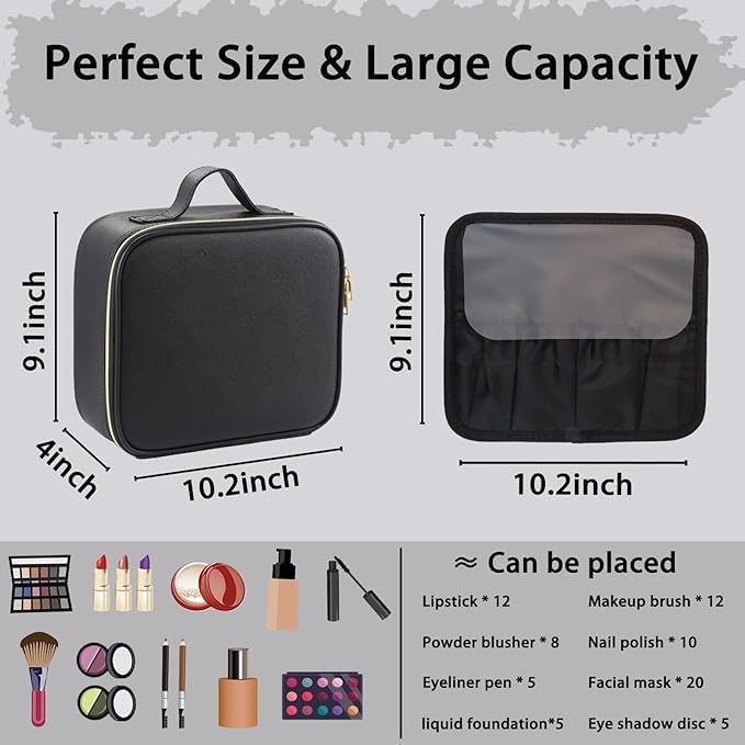 Makeup Bag with Led Mirror,Travel Makeup Organizer with 3 Color Setting & 10X Magnifying Mirror, Portable Storage and Adjustable Dividers Travel Makeup Bag-black