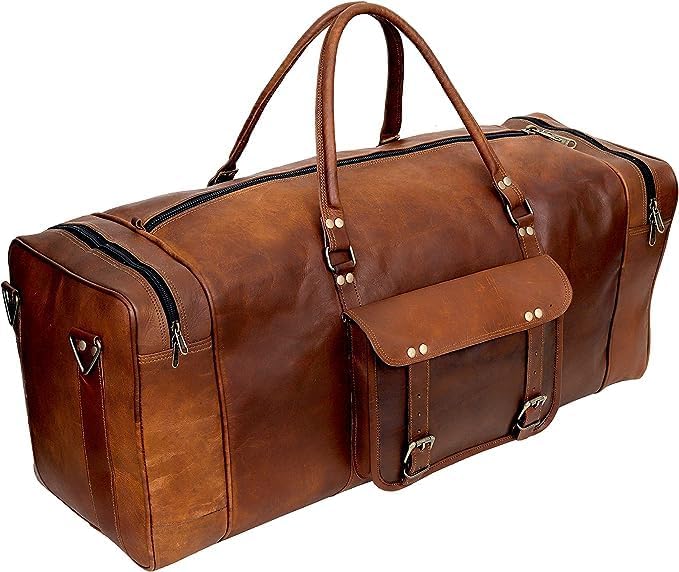 Leather Duffle Bag for Men Luggage Handmade Travel Bag Carry On Luggage Weekender Bags Overnight Gym Sports Cabin Holdall Bag For Airplanes Men And Women (21 Inch Brown)