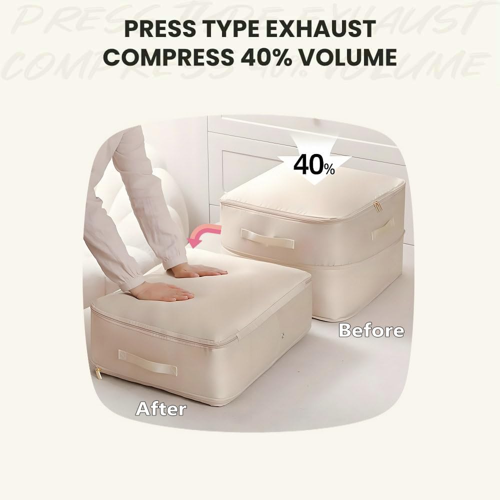 Ultra Space Saving Self Compression Organizer, 2025 New Large Capacity Storage Bag, Thick Satin Fabric Heavy Duty Bags for Comforters Blankets Bedding Duvet (Beige, Large, 21x17x12in)