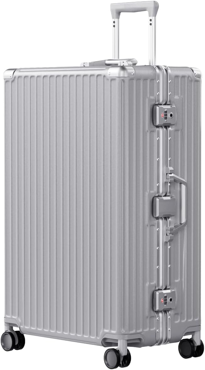 AnyZip Luggage PC+ABS Aluminum Frame Zipperless Checked Luggage Hard Shell Suitcase with TSA Lock Double Spinner Wheels 28 Inch Silver