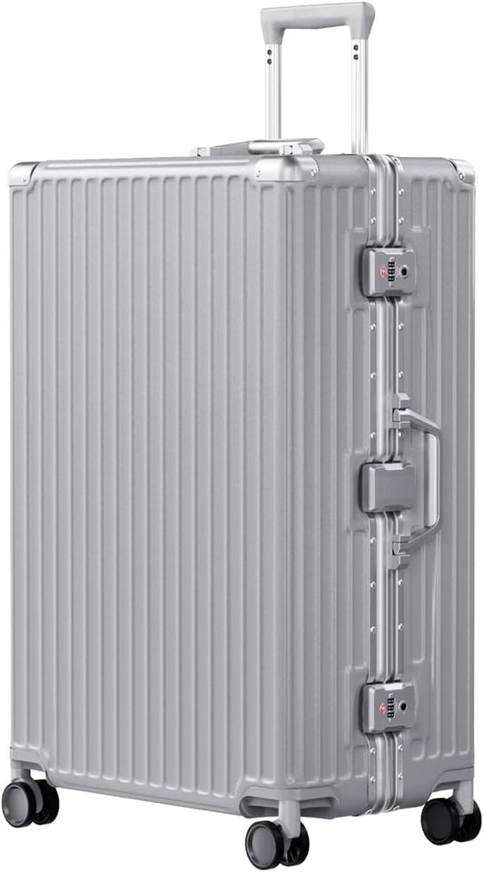 AnyZip Luggage PC+ABS Aluminum Frame Zipperless Checked Luggage Hard Shell Suitcase with TSA Lock Double Spinner Wheels 28 Inch Silver
