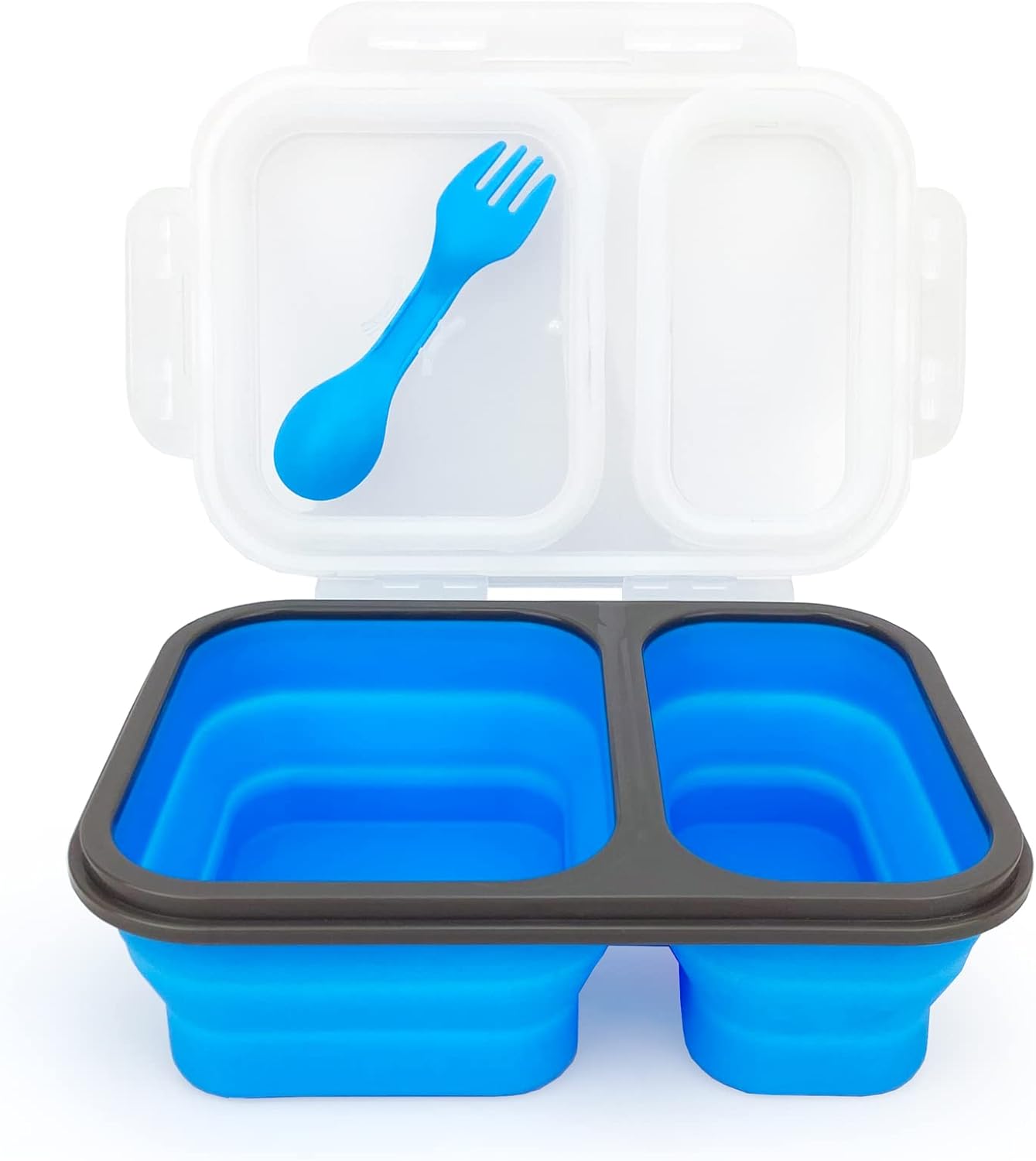 2 Compartments Collapsible Airtight Bento Box with Ideal Portion 600ml & 450ml and 2 in 1 Spoon & Fork, Food Grade Silicone Lunch Container for Adults Work Travel, Microwave Safe