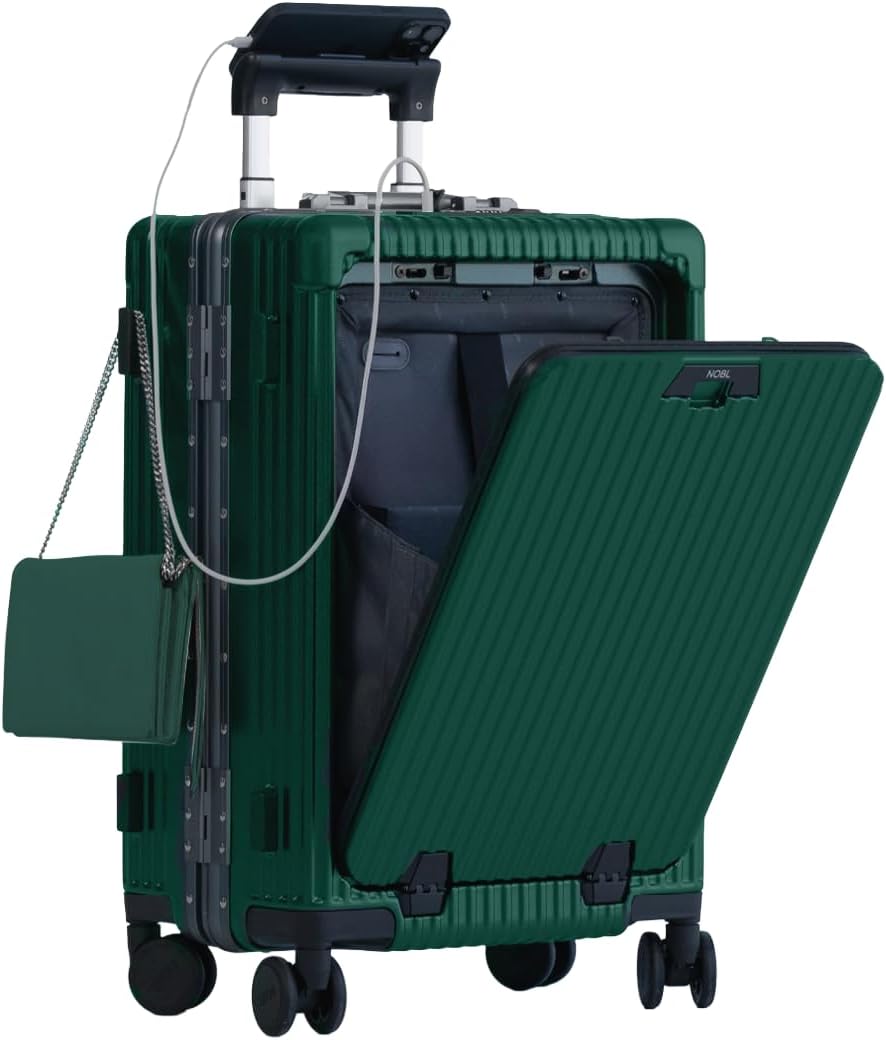 NOBL Travel Carry On Luggage, Noble Zipperless Aluminum Frame PC Hard Shell Suitcase, 20.8x15x8.7 Airline Approved, 360° Spinner Wheels, TSA Locks, USB Charging Port, Cup & Phone Holder - Forest Green